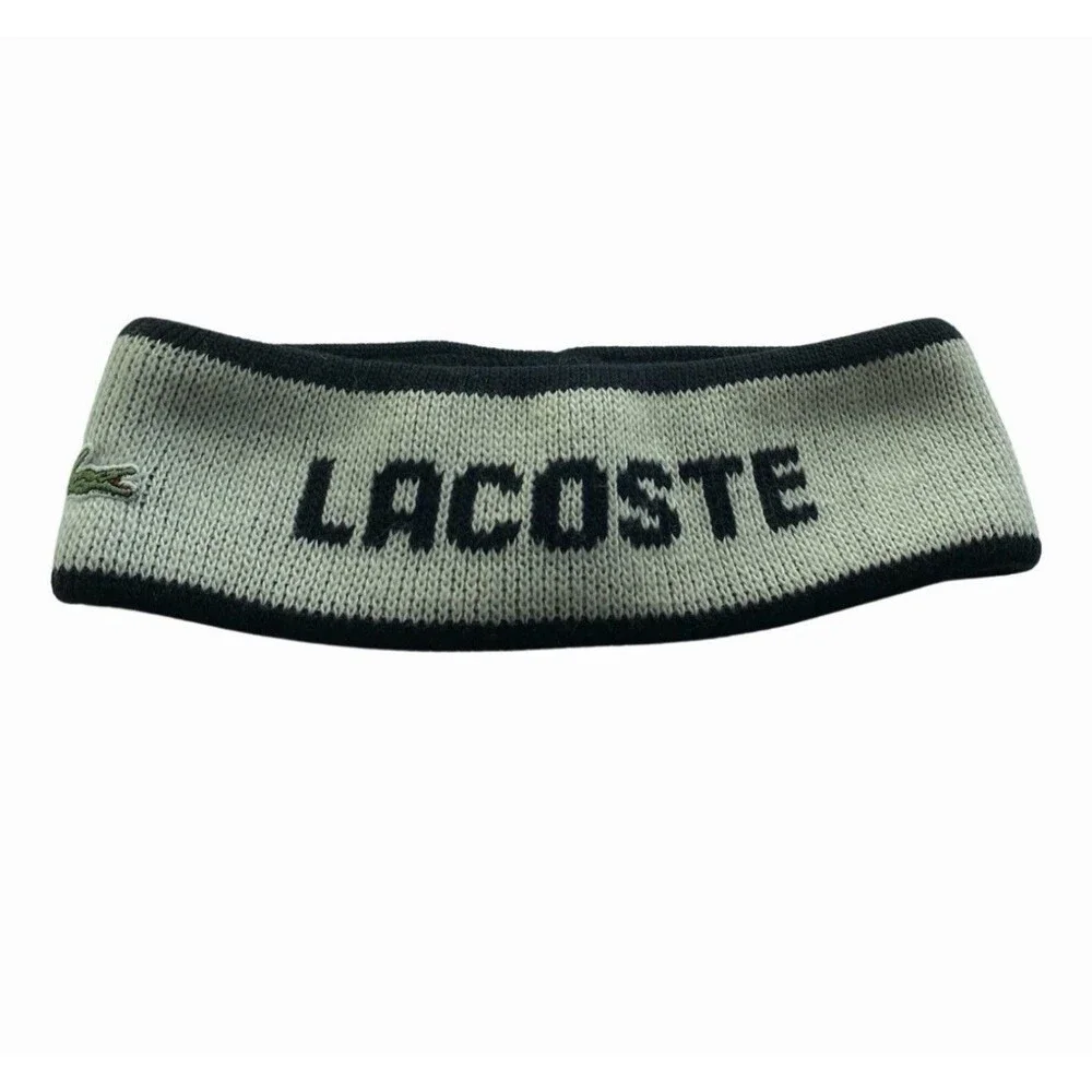 Lacoste Sweater Headband Ear Warmers Ecru Green Logo 80s Ski Outdoors Vintage